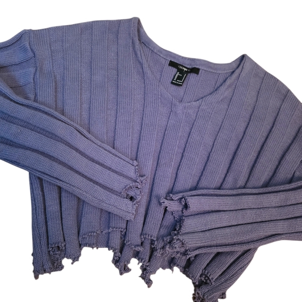 Forever 21 Ribbed Cropped Sweater Small Blue Distressed Hem Y2K
